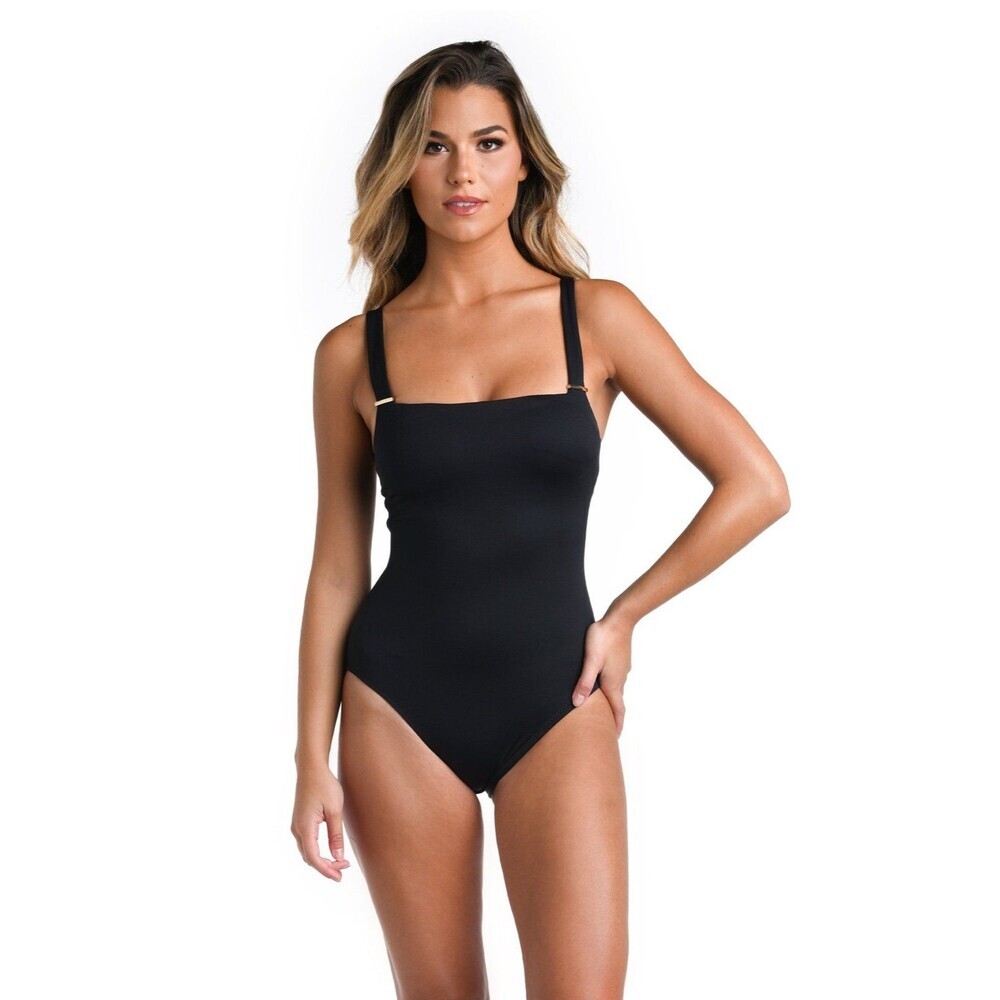 La Blanca Black Luxe Over The Shoulder One Piece Lace Up Back Swimsuit 10